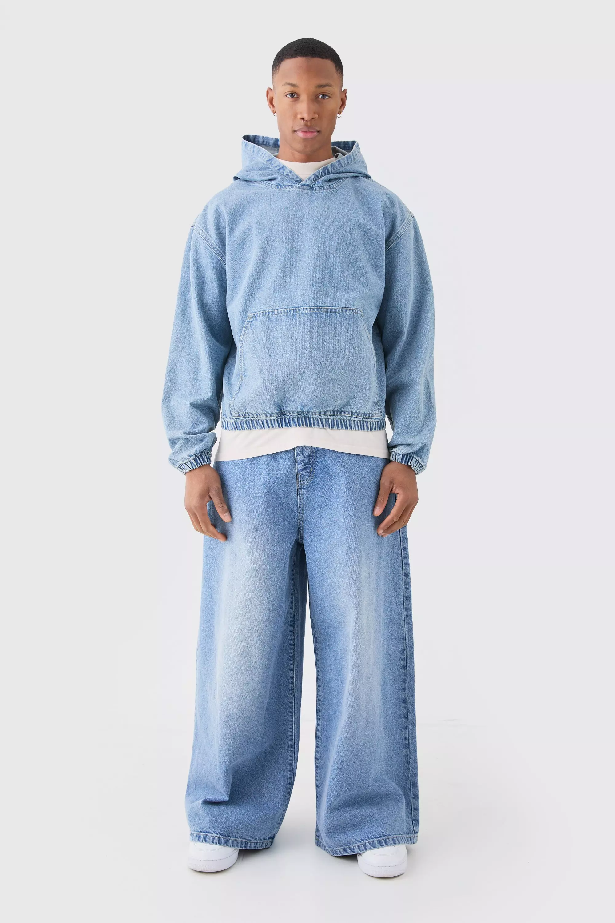 Denim Boxy Fit Hoodie | boohooMAN USA